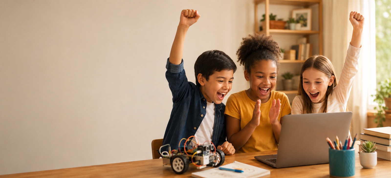 Three children cheering at a laptop next to a robot they built