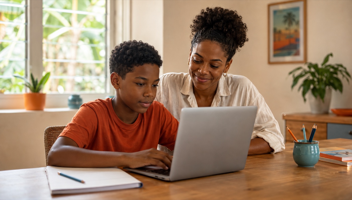 A parent and child looking at a laptop together