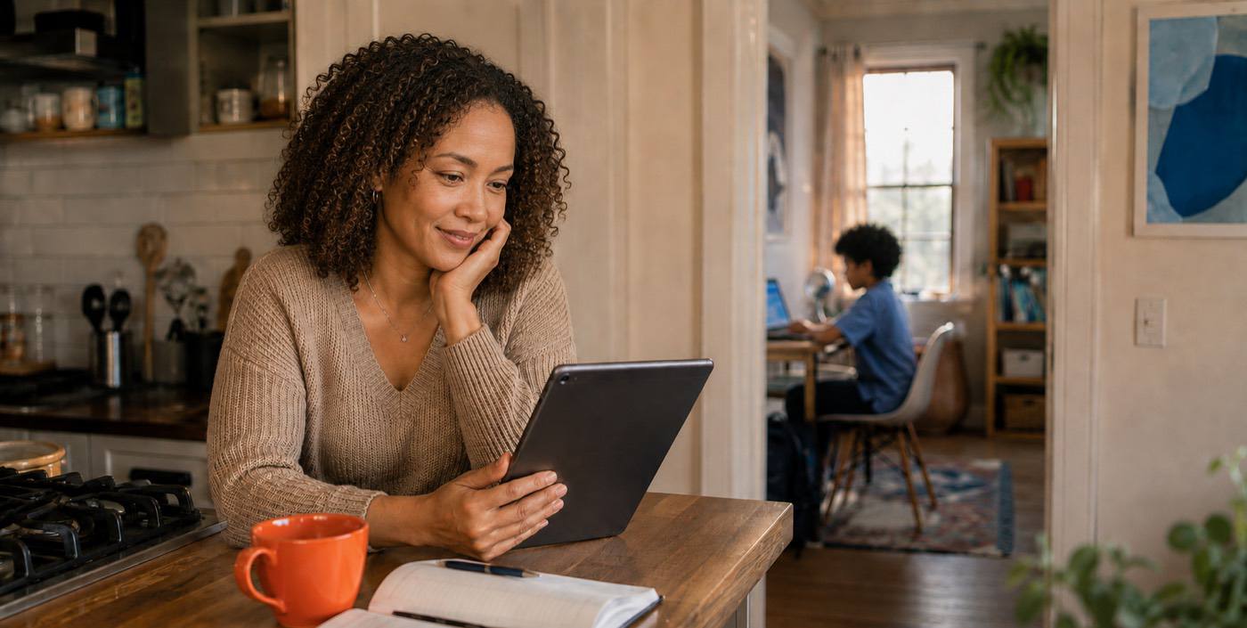 A parent at the kitchen counter while her child works at a laptop in the next room