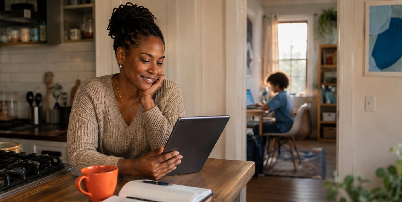 A parent reviewing their child's work at home