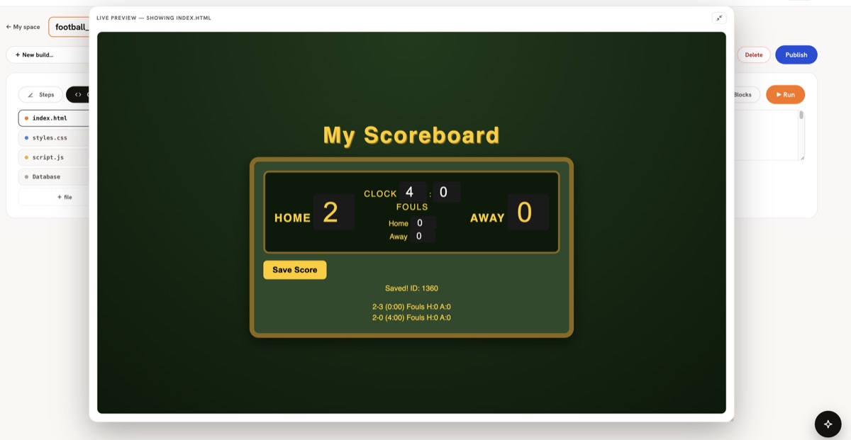 The Piplab editor showing a football scoreboard web app running in live preview