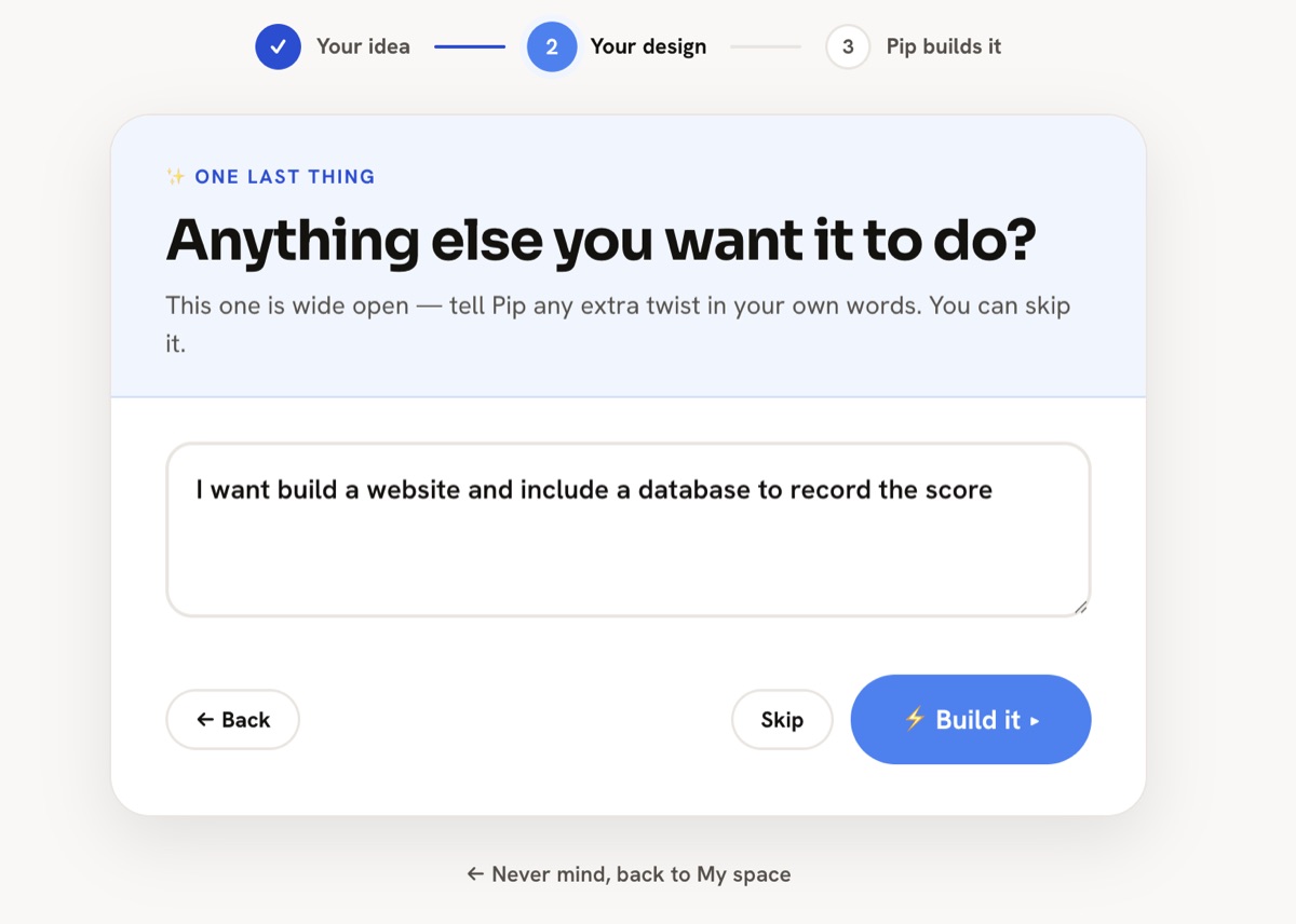 The Piplab build wizard asking a child if there is anything else they want the project to do