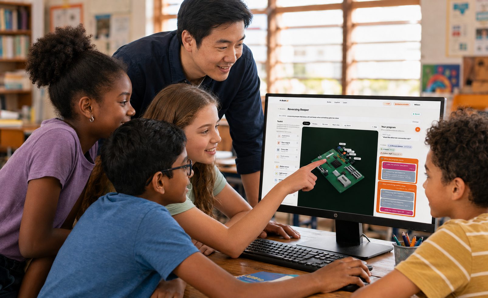 A teacher leaning over four students at one monitor, one of them pointing at the Raspberry Pi on screen