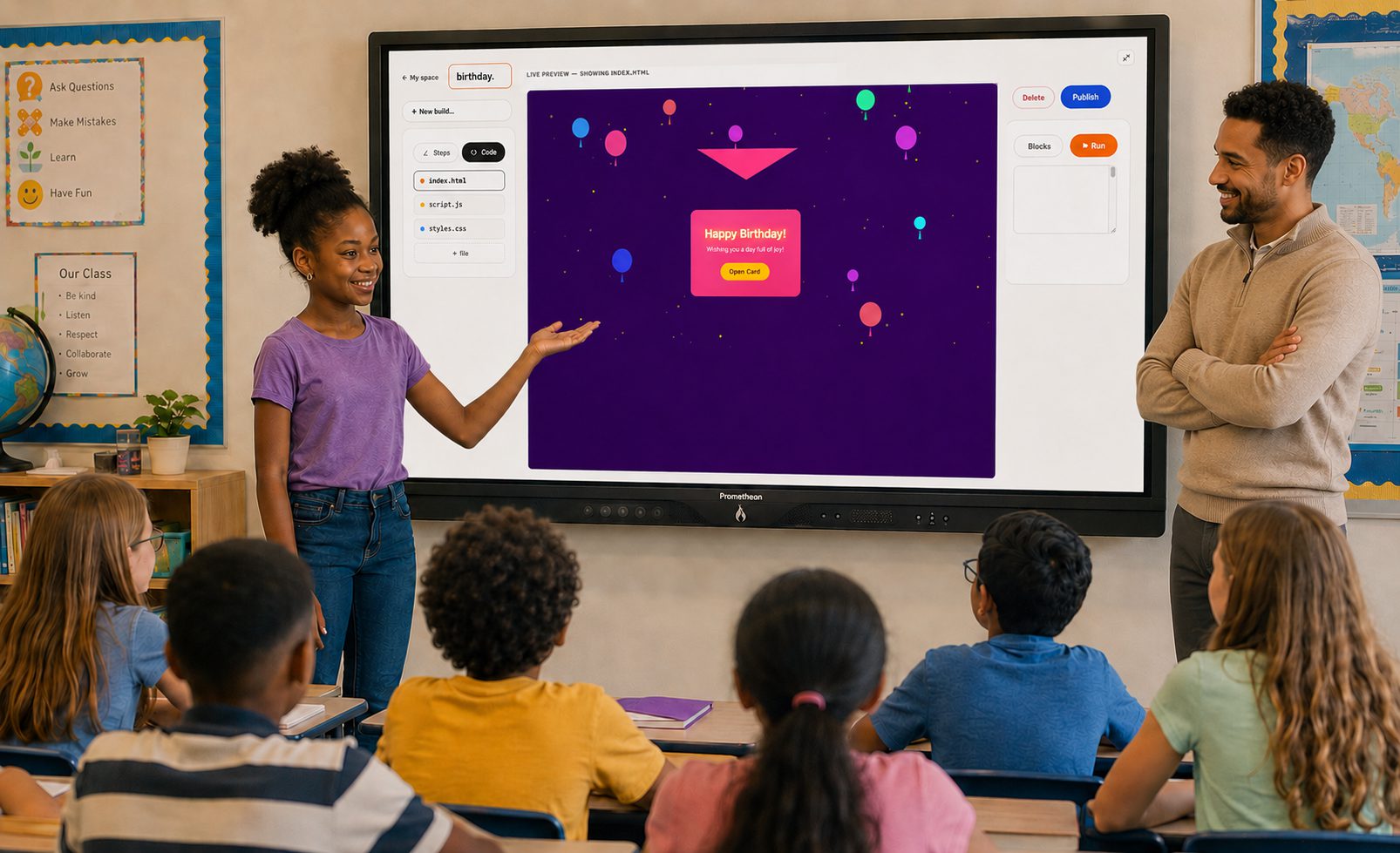A student presenting her birthday card build on the classroom screen while her tutor and class watch