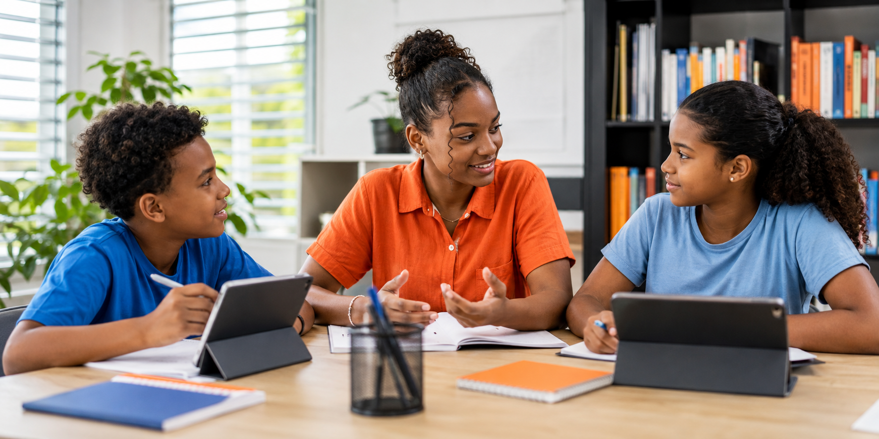 A tutor working with two students